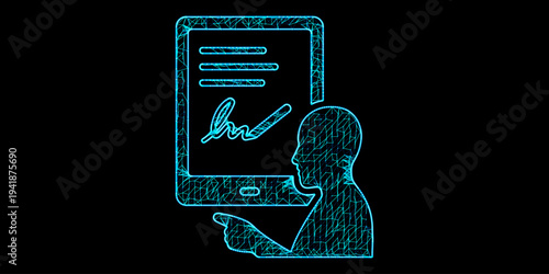 Digital Signature and Electronic Contract Concept with Person Signing Document on Tablet in Blue Mesh Wireframe Style