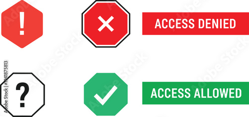 Set of Warning, Error, and Access Control Icons Including Denied and Allowed with Stop, Question, and Check Symbols