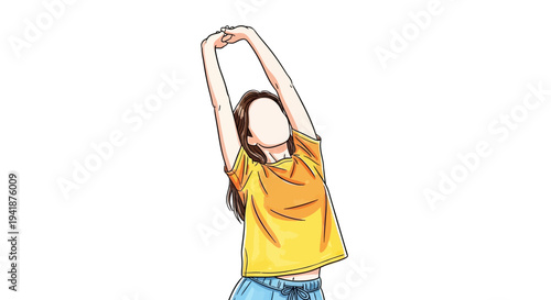A young woman stretching her arms up in a vibrant yellow shirt