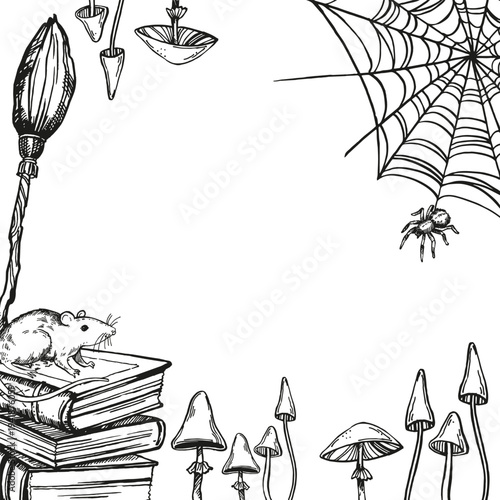 monochrome vector frame, template of fairy tale theme, toadstool, mushrooms, spider, witchcraft, broom, old books, rat, spider, black illustration magic equipment, hand drawn sketch of mystic