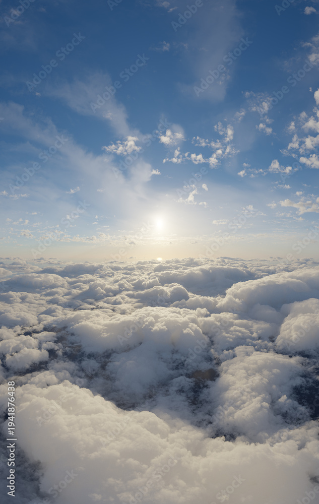Naklejka premium Sunrise Above Puffy Clouds Over a Vast Blue Sky — Atmospheric 3D Rendering Scene