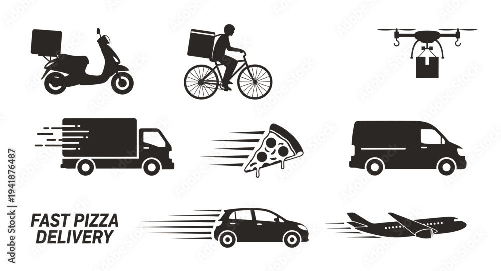 Fototapeta premium Set of icons representing various modes of fast delivery, including scooters, bicycles, drones, trucks, cars, and airplanes for efficient logistics and shipping services