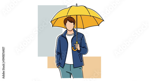 A cartoon man holding a yellow umbrella on a rainy day