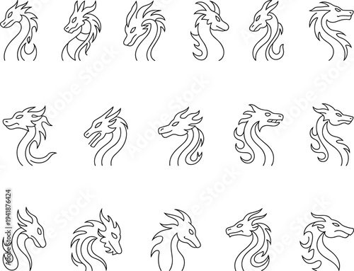 A collection of fifteen minimalist black line dragon head icons and fantasy monster neck illustrations isolated on a white background.