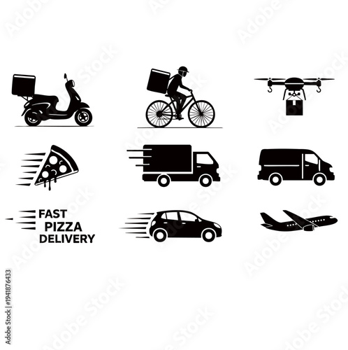 A comprehensive vector set of transportation icons featuring delivery truck, bus, and car silhouettes for professional vehicle traffic and cargo design