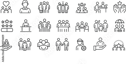 Comprehensive collection of human resources, teamwork, and social support line icons representing leadership, community care, and business collaboration.