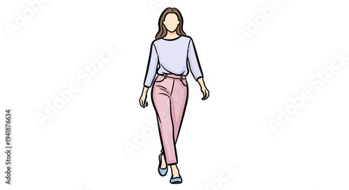 A cartoon woman walking in a stylish outfit confidently