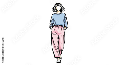 A woman in casual clothing walking with her hands in her pockets