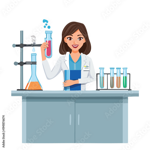 Scientist in lab coat with test tubes conducting chemical experiments