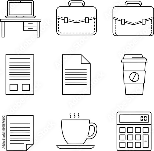 Office Desk Icons: Laptop, Briefcase, Documents, Coffee Cup, Calculator