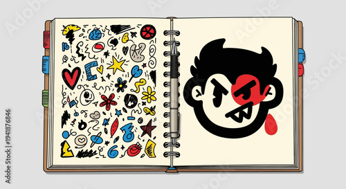 A creative notebook with colorful doodles and a cartoon character