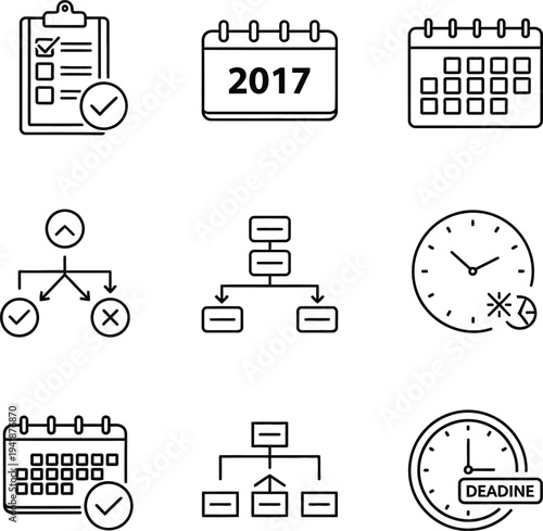 Deadline and Planning Icons: Checklist, Calendar, Deadline Clock