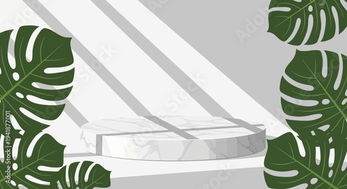 Elegant Marble Pedestal Stage with Monstera Leaves and Window Shadows