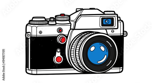 A cartoon camera with a smiley face lens on a white background