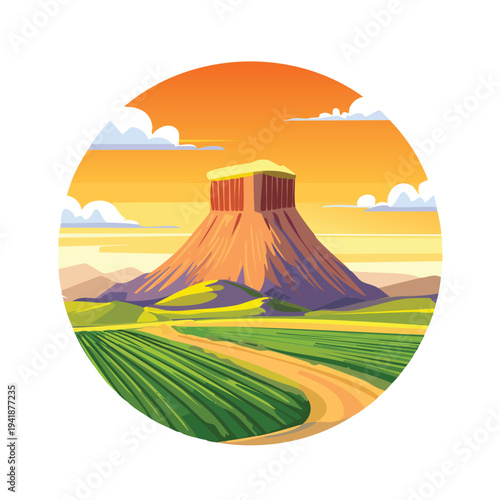 Stylized illustration of a mountain and landscape with vibrant sunset