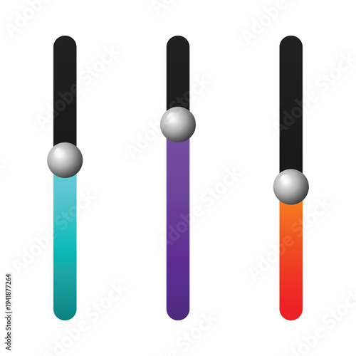 A colorful graphic design featuring three vertical bars with gradient colors and silver spheres