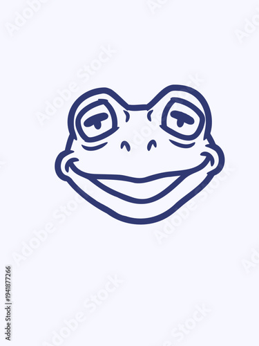 Charming hand-drawn vector illustration of a happy cartoon frog face with a wide smile, rendered in a simple outline style against a gentle pastel background