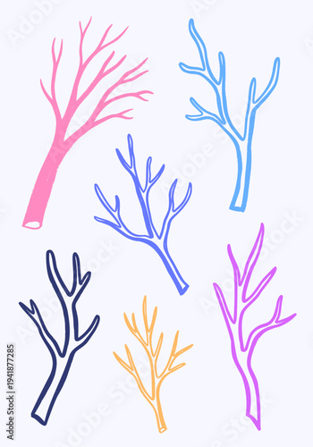 A delightful vector collection of hand-drawn stylized tree branches or coral elements in a soothing pastel color palette, perfect for graphic design
