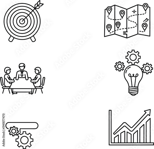 Business Strategy Icons: Target, Map, Meeting, Idea, Gears, Graph