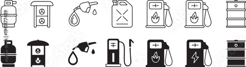 fuel icons set energy gas nozzle pump cylinder jerrycan barrel
