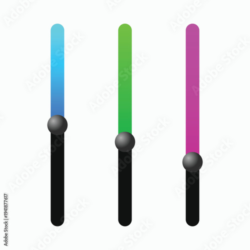 A colorful illustration of three glowing lightsabers with black handles on a white background