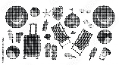 Collection of various objects including suitcase, striped objects, and circular shapes in a halftone style illustration on a white background
