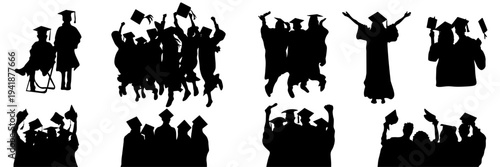 Set of graduate student silhouettes celebrating graduation. People throwing graduation caps in the air. Academic celebration concept isolated on white background.