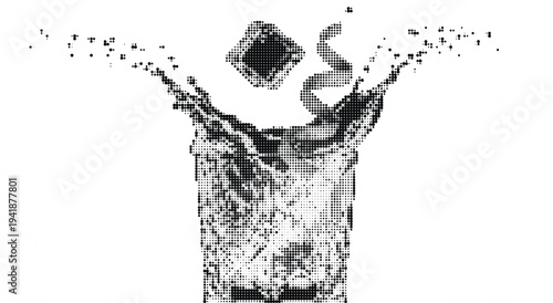 Person celebrating achievement with arms raised in success and happiness gesture depicted in black and white dotted artwork