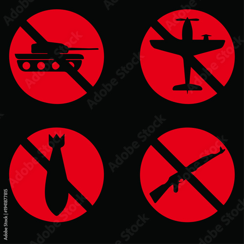 No War Vector Icons Set: Tank, Airplane, Bomb, and Assault Rifle Silhouettes in Red Circle with Diagonal Line on Black Background