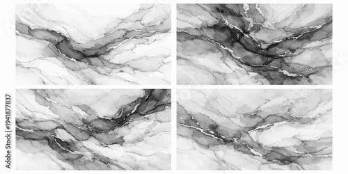 Abstract black and white landscape collage featuring snowy winter mountains and icy river streams amidst jagged rocks