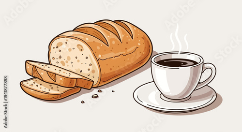 A steaming cup of coffee and a loaf of bread on a table