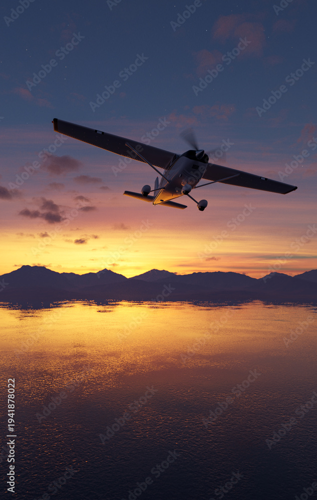 Fototapeta premium Small Airplane Flying Over Ocean at Sunset Above Mountain Silhouette — 3D Rendering