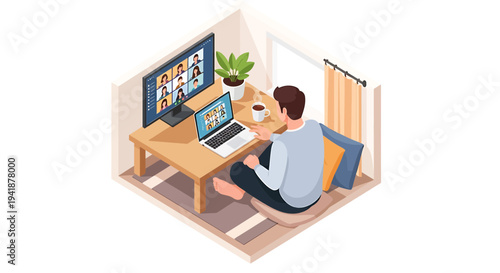 Isometric vector illustration of a man working on computer and laptop at home desk