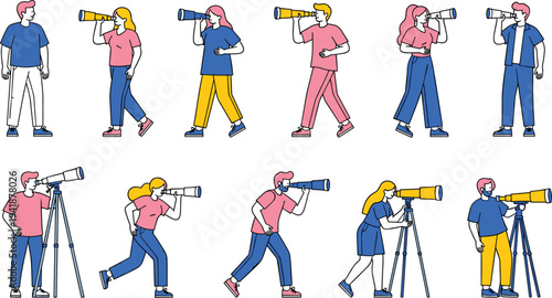 People looking through telescope set, stargazing characters illustration, astronomy observation activity, men and women exploring sky,