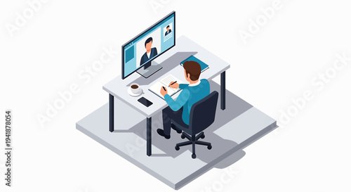 Isometric vector illustration of man working on computer with video call