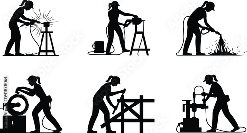 Silhouettes of a person performing various industrial tasks with tools and machinery