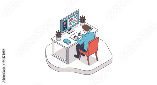 Vector illustration of a man sitting at a desk with computer