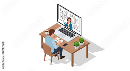 Isometric vector illustration of a man working on a computer with a monitor