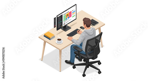 Isometric vector illustration of a man sitting at a desk with computer
