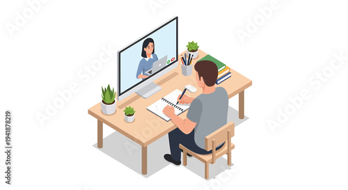 Vector illustration of man working on laptop with video call