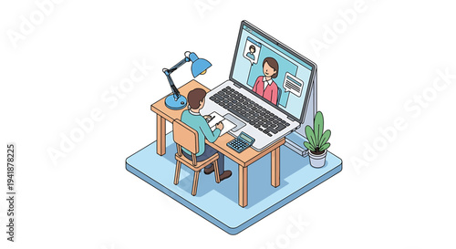 Isometric vector illustration of a person working on a laptop with video call