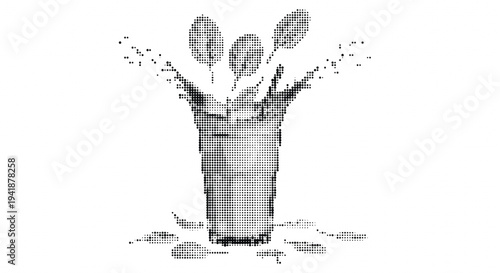Black and white halftone illustration of a hand emerging from a pot with fingers outstretched in a dynamic gesture