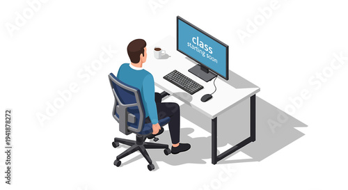 Vector illustration of man sitting at office desk with computer
