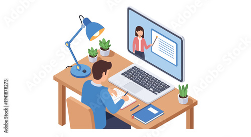 Vector illustration of businesswoman working on computer with video call