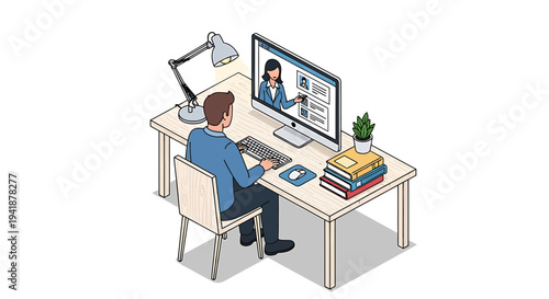 Vector illustration of man working on computer with video call
