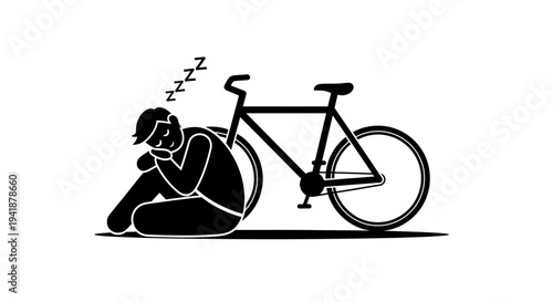 Vector illustration of a tired cyclist sitting next to a bicycle
