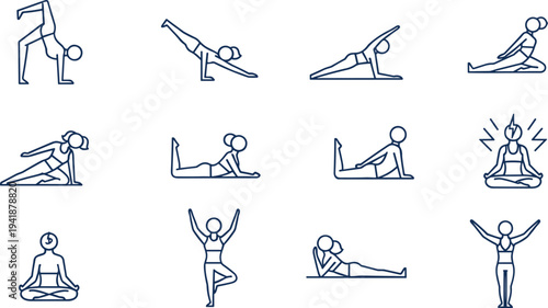 Yoga Pose Vector Set Featuring Various Asanas, Flexibility, Stretching, and Meditation Poses for Fitness, Wellness, and Health Designs