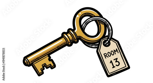 A cartoon illustration of a gold key with a room key tag