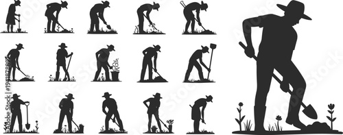Silhouettes of people gardening and planting in various positions with a large gardener figure in the background