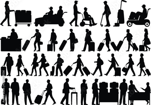 Silhouettes of people with luggage in various travel scenarios and settings suitcases
